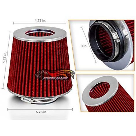 Rtunes Racing RED 3" 76mm Inlet Cold Air Intake Cone Replacement Quality Dry Air Filter