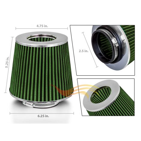 GREEN 2.5" 63.5mm Inlet Cold Air Intake Cone Replacement Quality Dry Air Filter