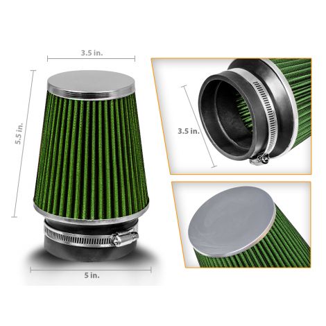 GREEN 3.5" 89 mm Inlet Narrow Cold Air Intake Cone Replacement Performance Washable Clamp-On Dry Air Filter