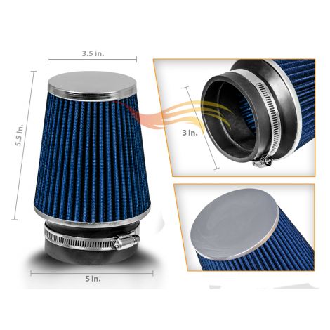 BLUE 3" 76mm Inlet Narrow Air Intake Cone Replacement Quality Dry Air Filter