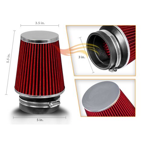 RED 3" 76mm Inlet Narrow Air Intake Cone Replacement Quality Dry Air Filter